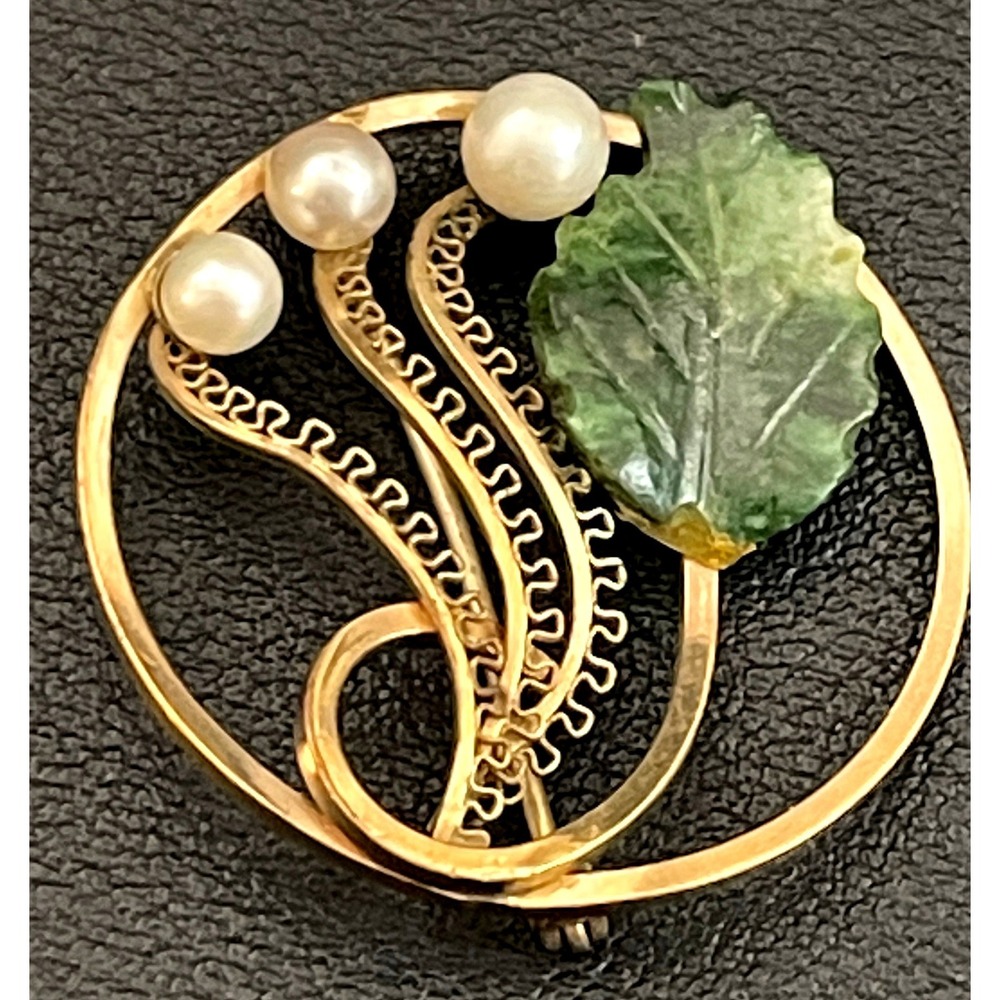 Vintage Gold Filled Brooch Leaf Circle Pin Filigree MCM 12k GF